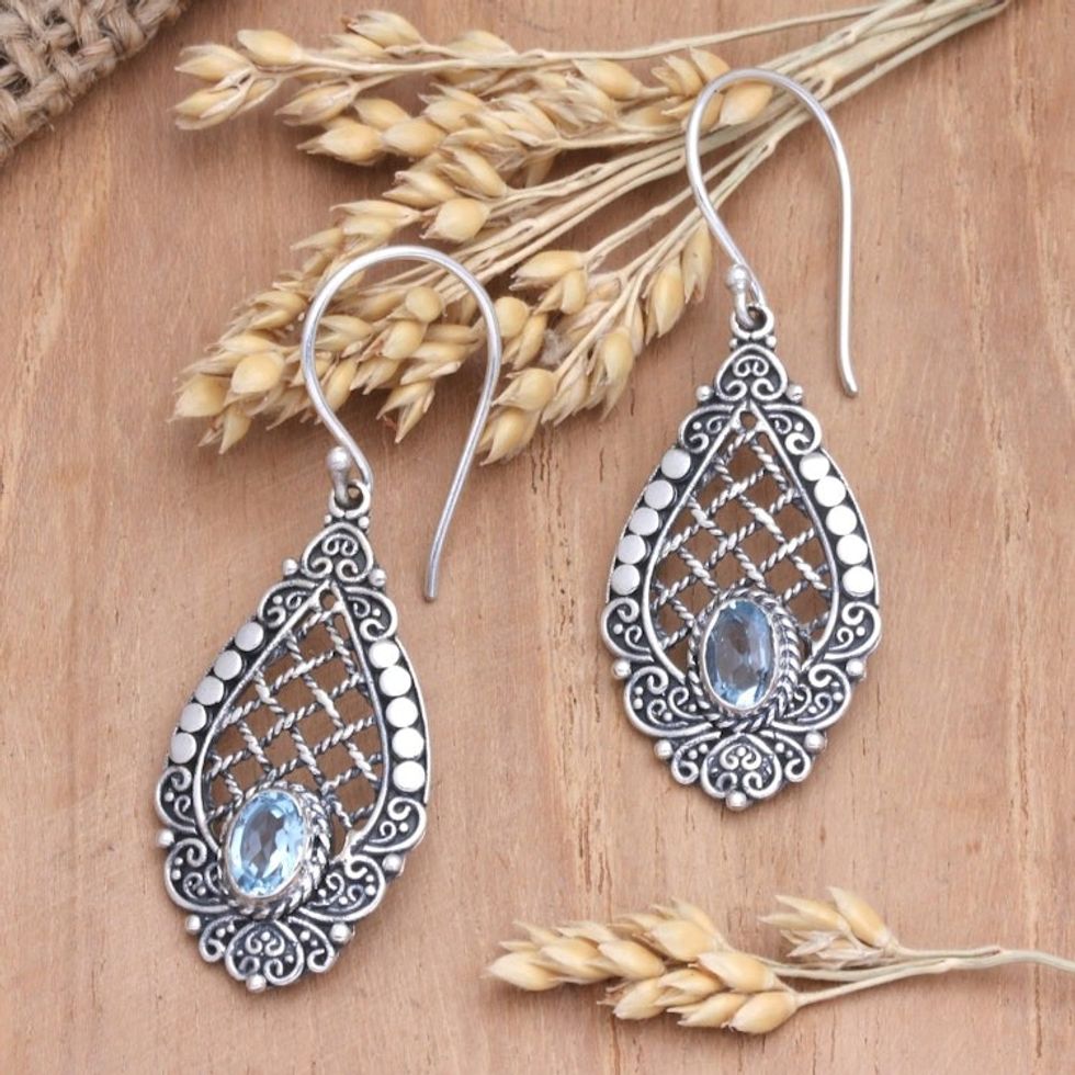 Hand Crafted Blue Topaz and Dangle Earrings 'Lattice to Heaven'