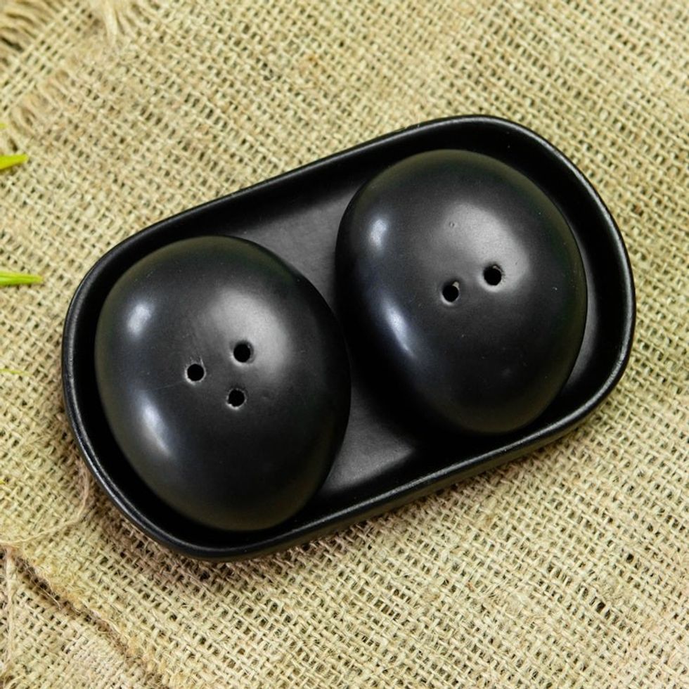 Minimalist Black Ceramic Salt and Pepper Set 3 Pieces 'Soft Seasoning at Night'