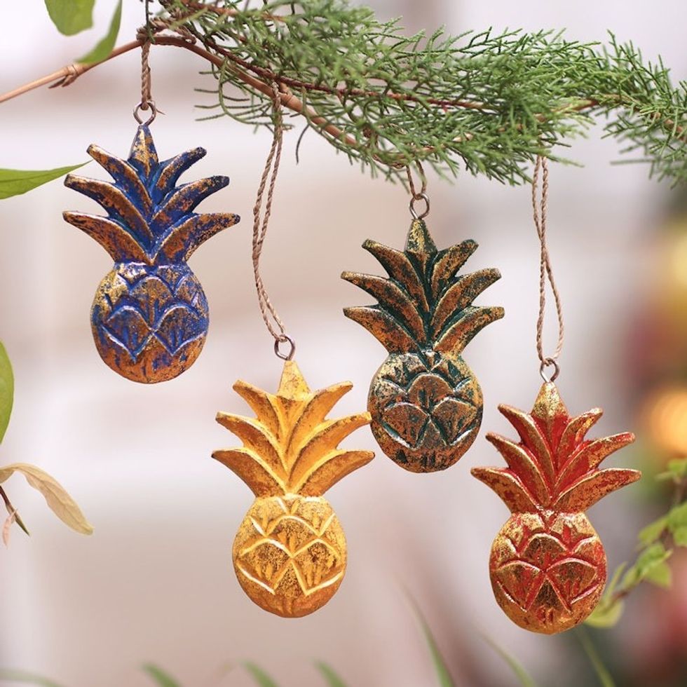 Wood Pineapple Holiday Ornaments from Bali Set of 4 'Tropical Holiday'