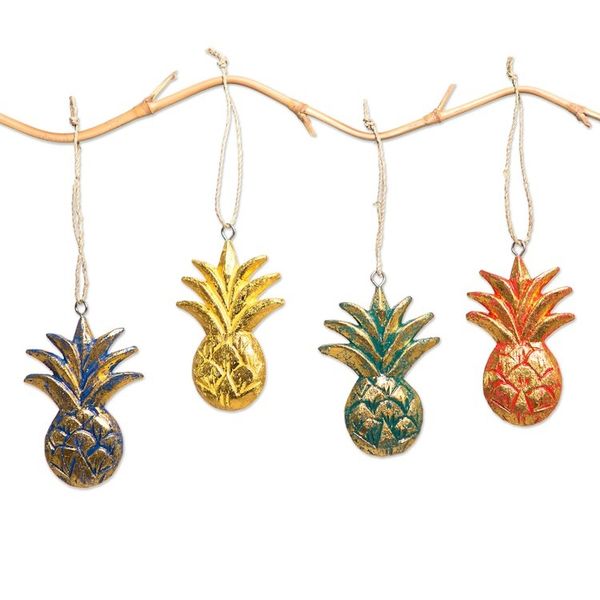 Alternate image for Wood Pineapple Holiday Ornaments from Bali Set of 4 Tropical Holiday