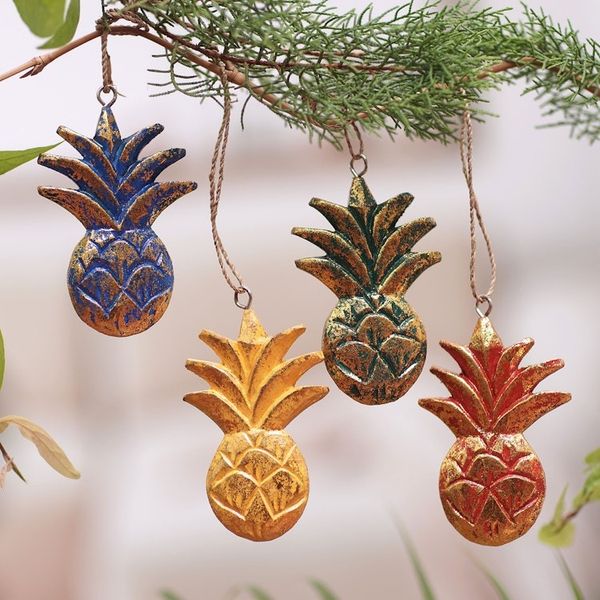 Alternate image for Wood Pineapple Holiday Ornaments from Bali Set of 4 Tropical Holiday