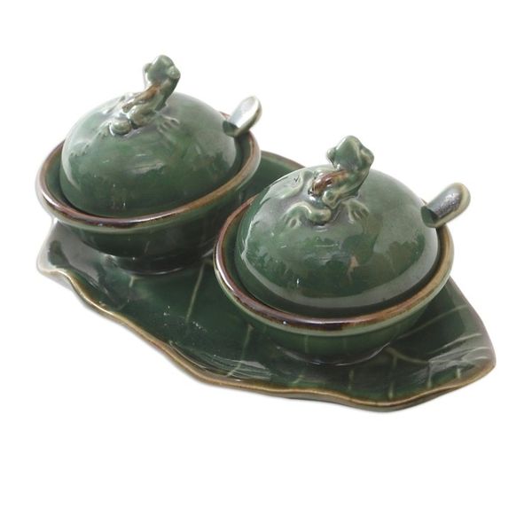 Alternate image for Leaf and Frog Ceramic Condiment Set 5 Pcs Little Frogs
