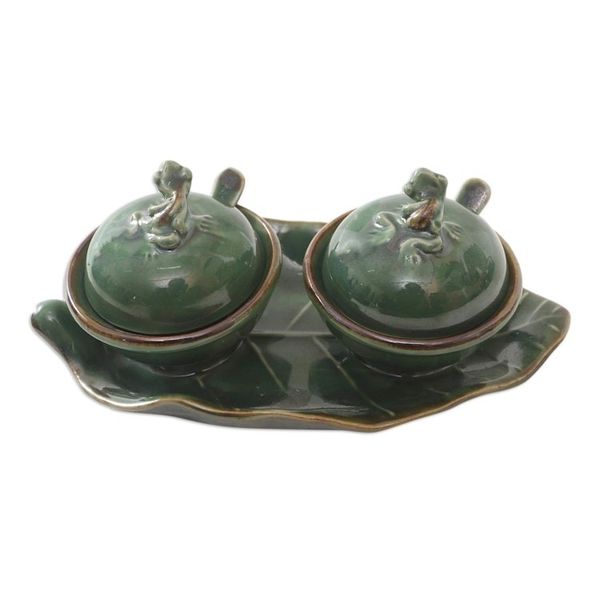 Alternate image for Leaf and Frog Ceramic Condiment Set 5 Pcs Little Frogs