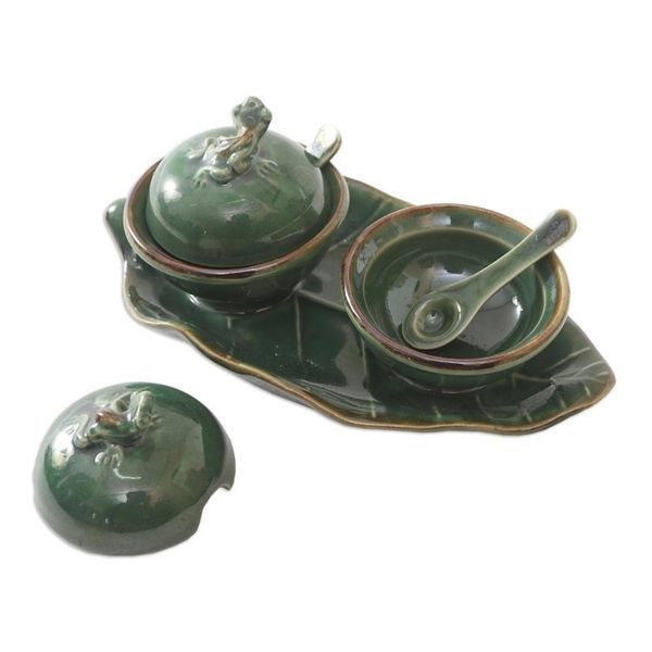 Alternate image for Leaf and Frog Ceramic Condiment Set 5 Pcs Little Frogs