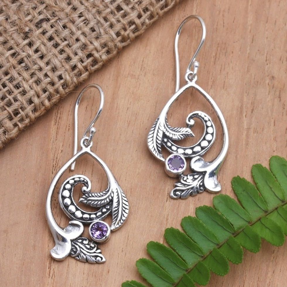 Handcrafted Dangle Earrings with Amethyst 'Natural Motif'