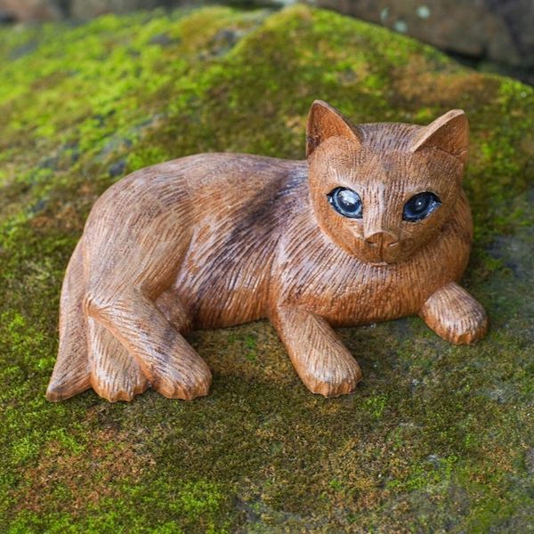Alternate image for Balinese Suar Wood Cat Statuette Wide-Eyed Cat