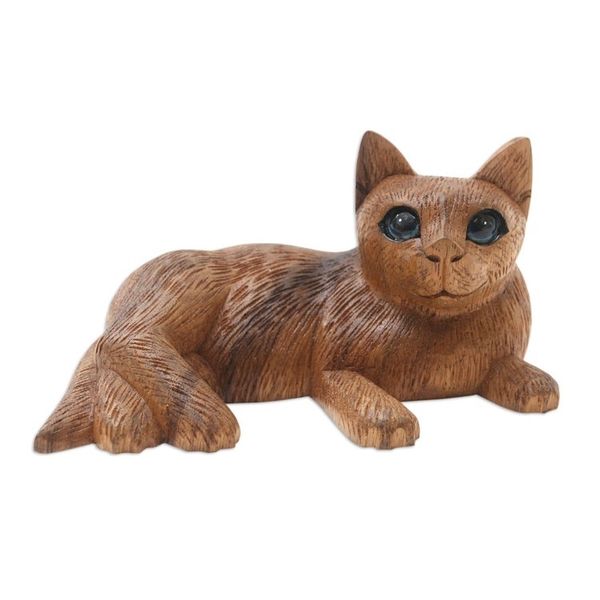 Alternate image for Balinese Suar Wood Cat Statuette Wide-Eyed Cat