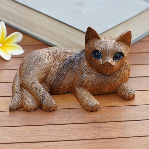 Alternate image for Balinese Suar Wood Cat Statuette Wide-Eyed Cat