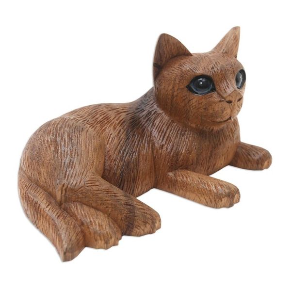 Alternate image for Balinese Suar Wood Cat Statuette Wide-Eyed Cat