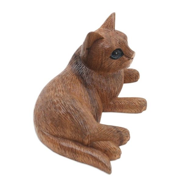 Alternate image for Balinese Suar Wood Cat Statuette Wide-Eyed Cat