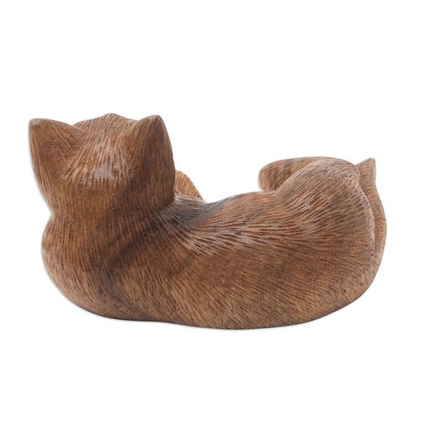Alternate image for Balinese Suar Wood Cat Statuette Wide-Eyed Cat