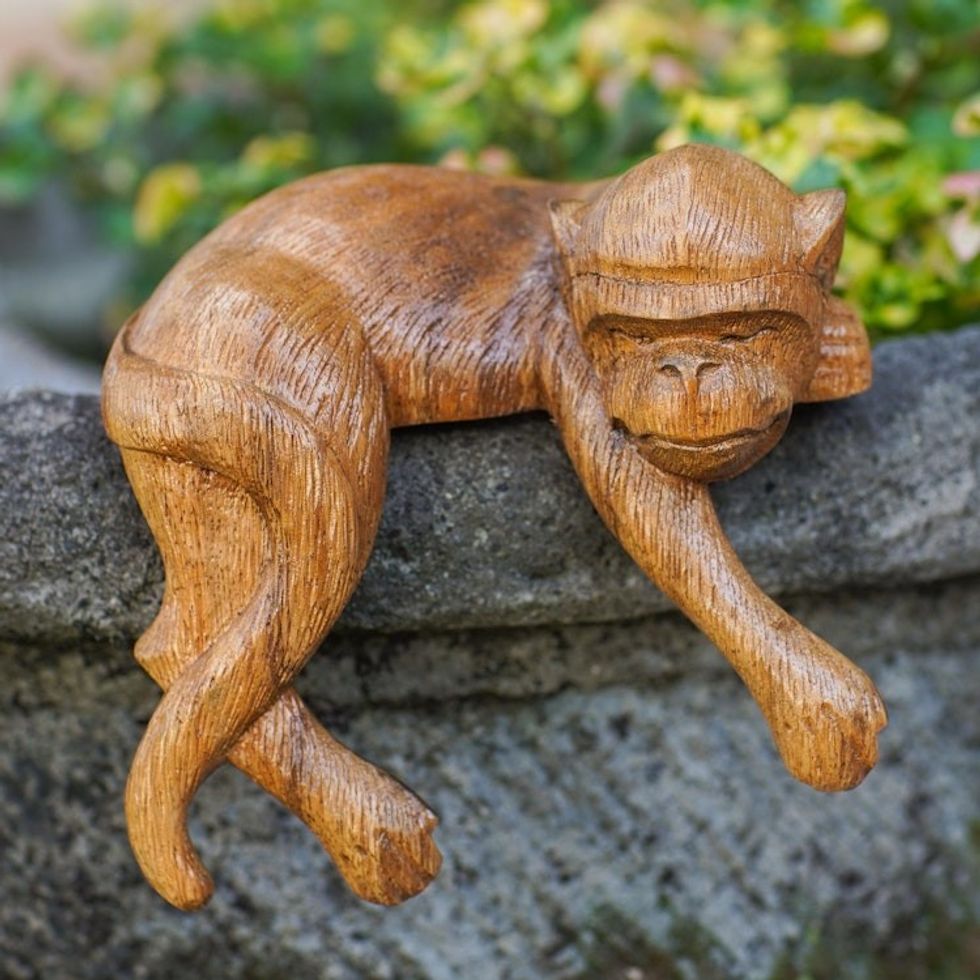Artisan Crafted Suar Wood Monkey Statuette 'Wild Nap'