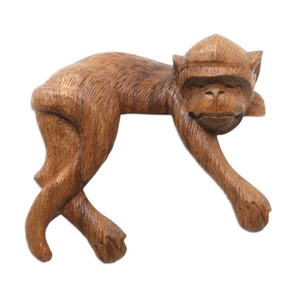 Alternate image for Artisan Crafted Suar Wood Monkey Statuette Wild Nap