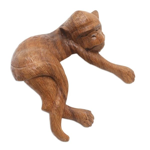 Alternate image for Artisan Crafted Suar Wood Monkey Statuette Wild Nap