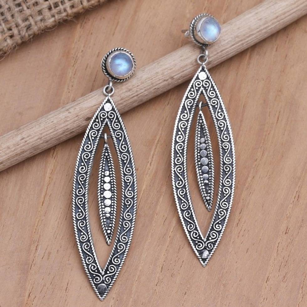 Rainbow Moonstone and Sterling Silver Dangle Earrings 'Smoldering Intuition'
