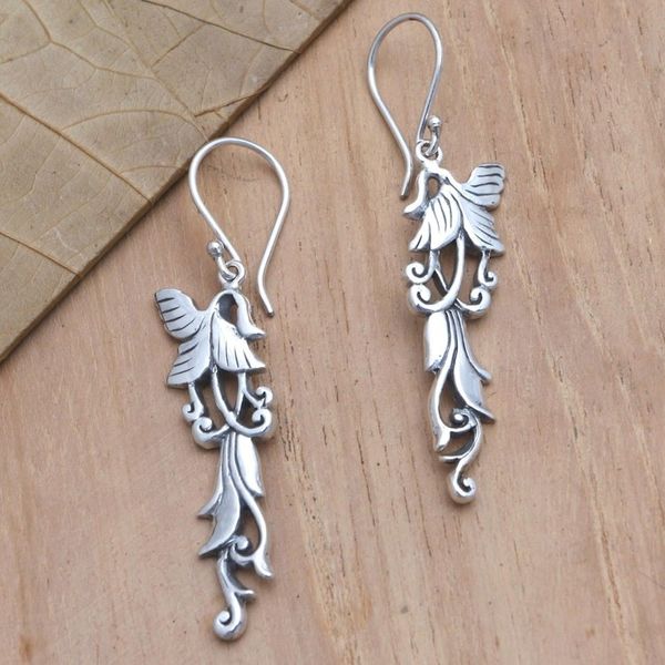 Alternate image for Sterling Silver Dangle Earrings with Floral Motif Shimmering Tendrils