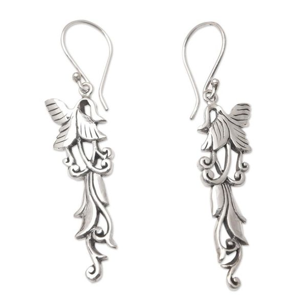 Alternate image for Sterling Silver Dangle Earrings with Floral Motif Shimmering Tendrils