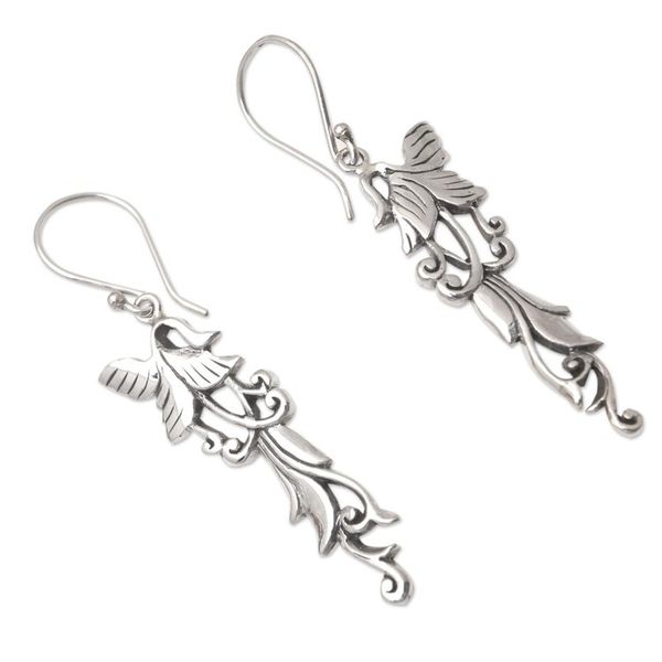 Alternate image for Sterling Silver Dangle Earrings with Floral Motif Shimmering Tendrils
