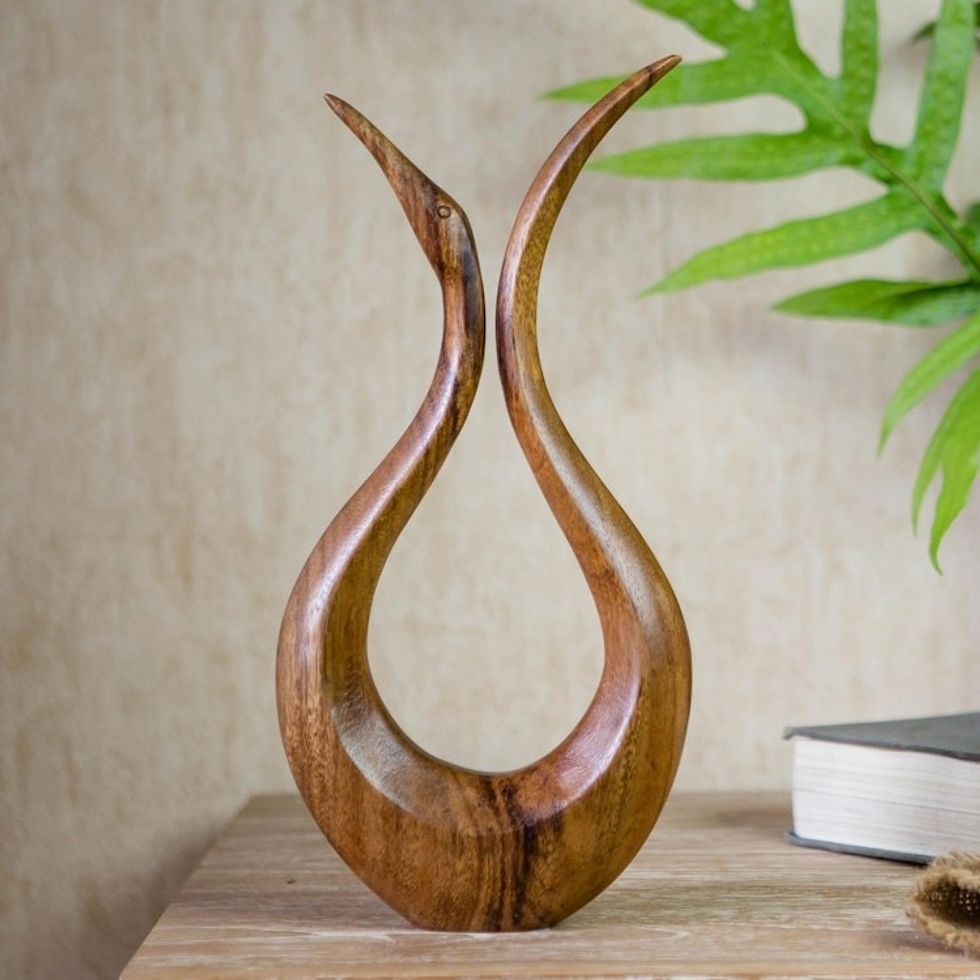 Hand Made Suar Wood Swan Statuette 'Swimming Swan'