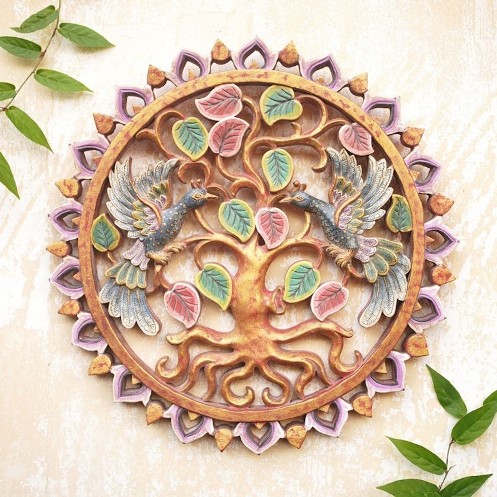 Suar Wood Relief Panel with Peacock Motif 'Perched Peacocks'