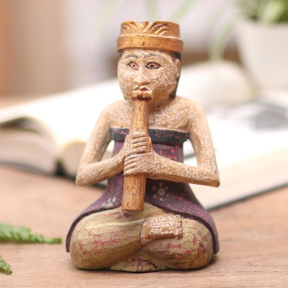 Albesia Wood Statuette with Music Motif 'Morning Healing'