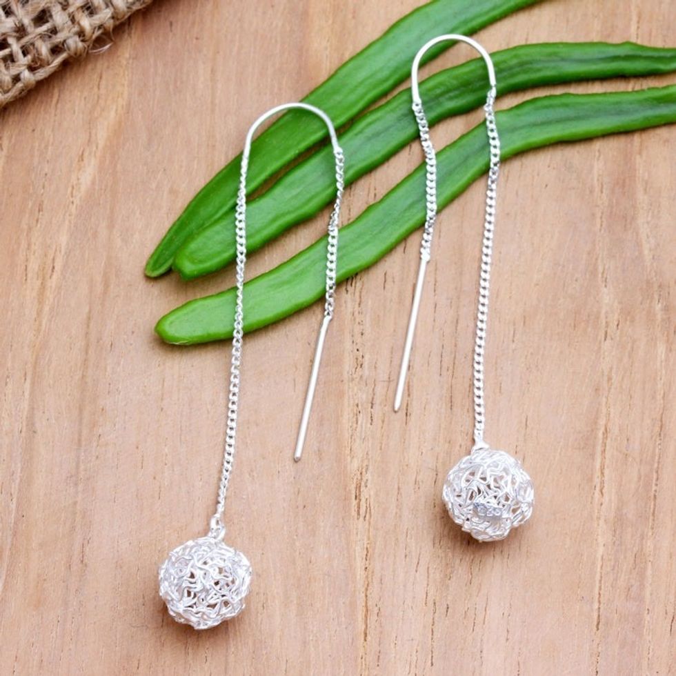 Hand Crafted Sterling Silver Threader Earrings 'Life's a Ball'