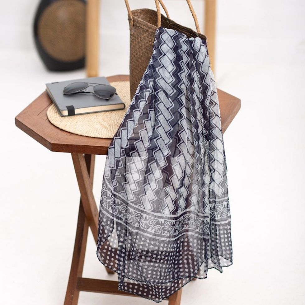 Hand-Stamped Silk Chiffon Shawl 'Between the Lines'
