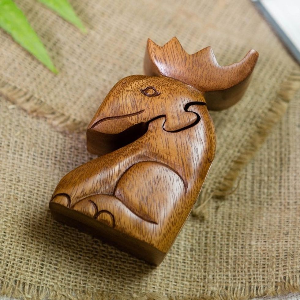 Decorative Wood Puzzle Box with Moose Motif 'Lead the Charge'