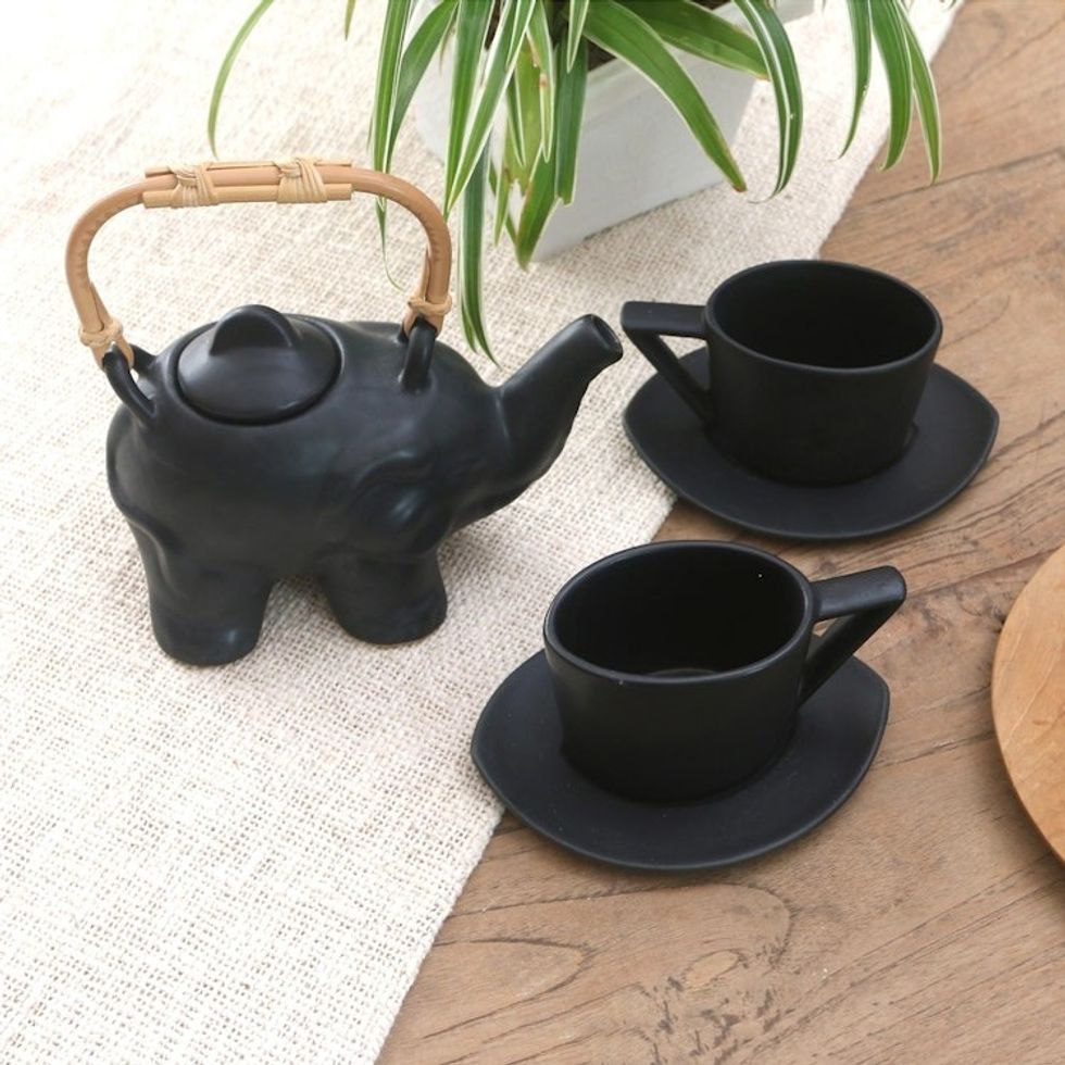 Black Ceramic and Bamboo Elephant Tea Set 5 Pcs 'Tea with Elephants'
