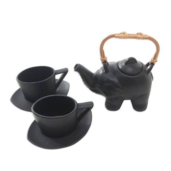 Alternate image for Black Ceramic and Bamboo Elephant Tea Set 5 Pcs Tea with Elephants