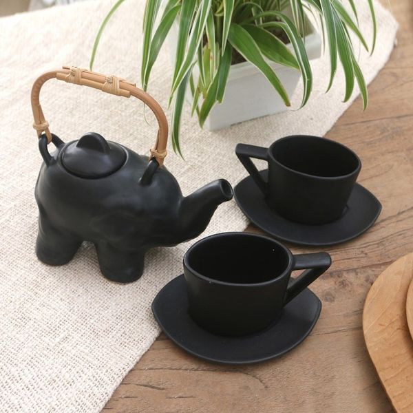 Alternate image for Black Ceramic and Bamboo Elephant Tea Set 5 Pcs Tea with Elephants