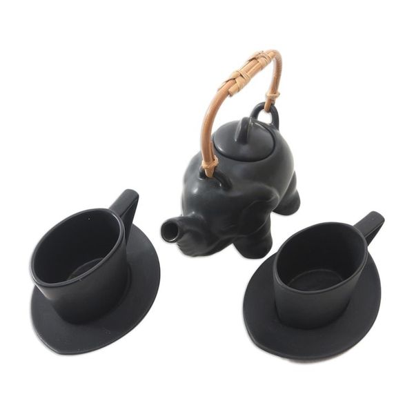 Alternate image for Black Ceramic and Bamboo Elephant Tea Set 5 Pcs Tea with Elephants