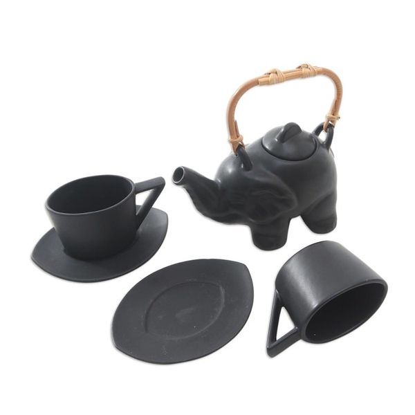 Alternate image for Black Ceramic and Bamboo Elephant Tea Set 5 Pcs Tea with Elephants