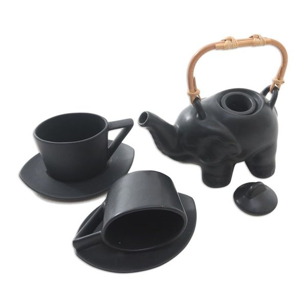 Alternate image for Black Ceramic and Bamboo Elephant Tea Set 5 Pcs Tea with Elephants