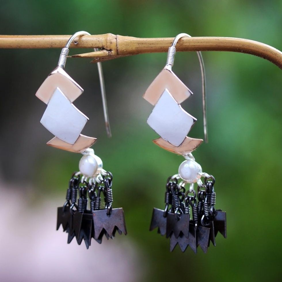 Rose Gold-Plated Cultured Pearl Dangle Earrings 'Glittering Grey'