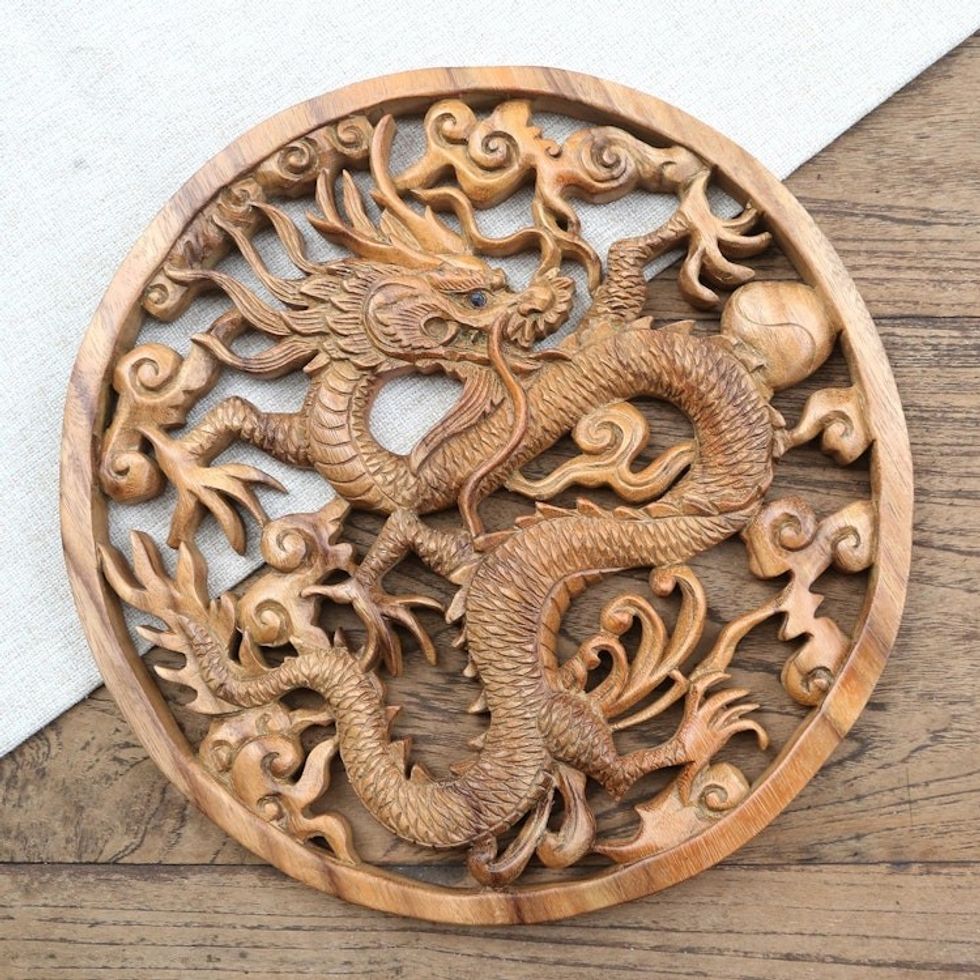 Hand Carved Suar Wood Dragon-Motif Relief Panel 'Basuki Dragon'