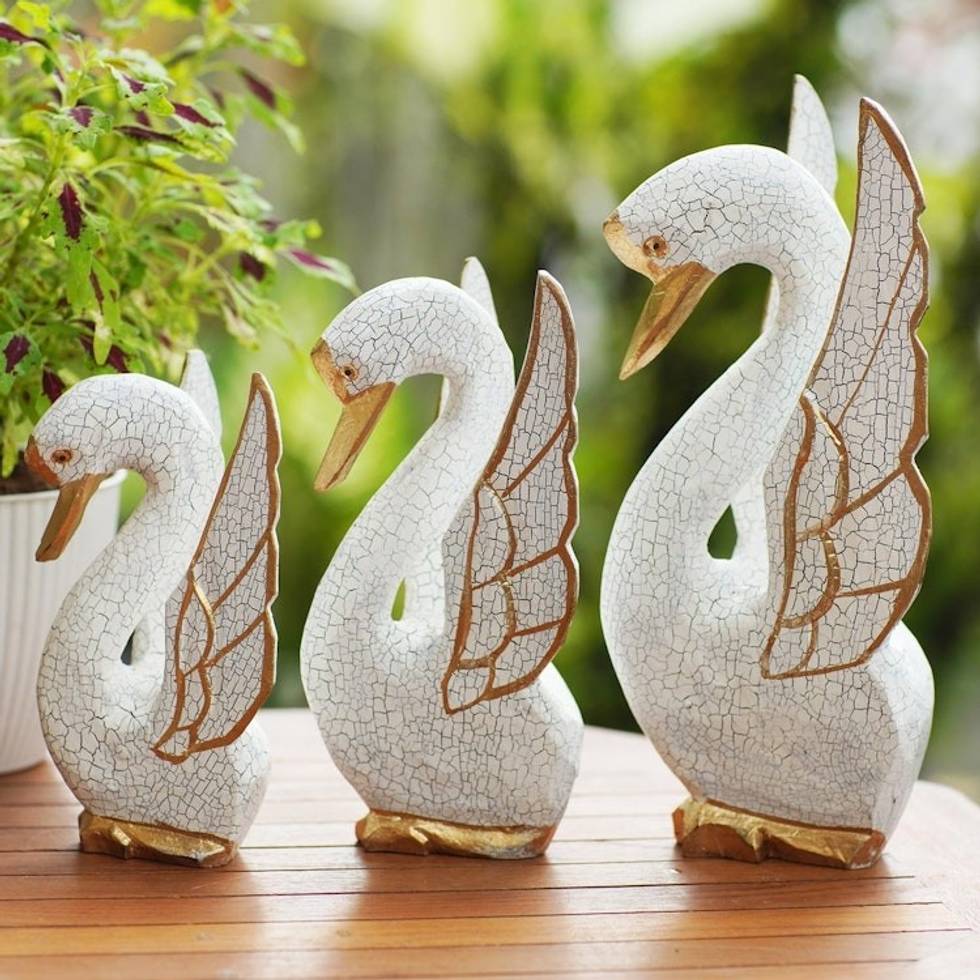 Crackled Finish Swan Statuettes from Bali Set of 3 'Graceful Trio'