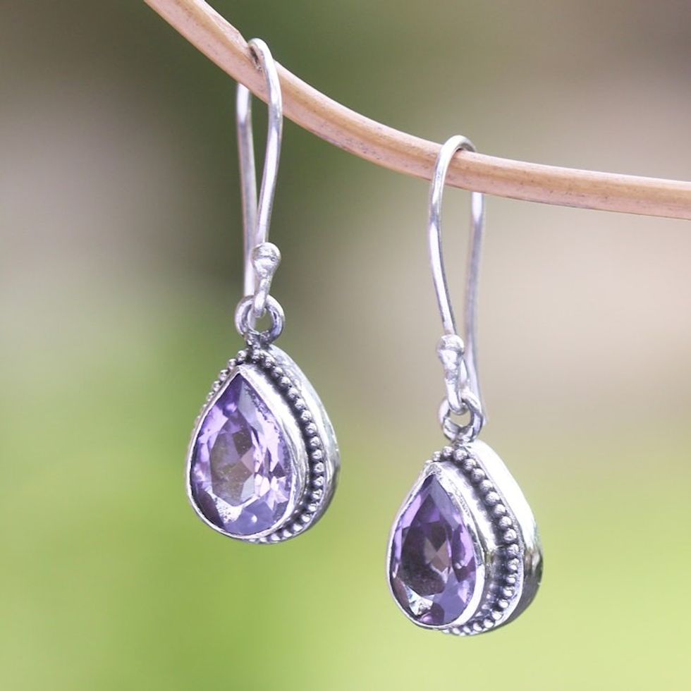 Handcrafted Sterling Silver and Amethyst Dangle Earrings 'Cool Drop'