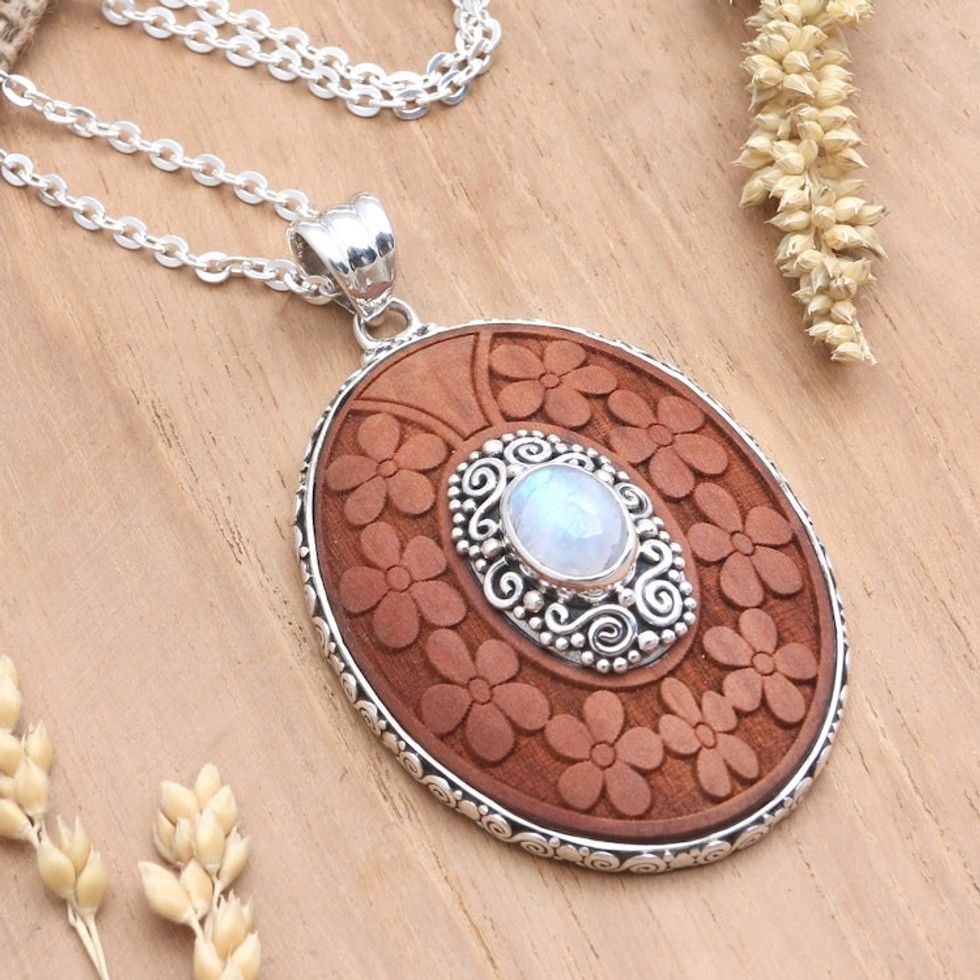 Rainbow Moonstone Pendant Necklace with Floral Motif 'Portrait of a Lady'