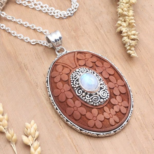 Alternate image for Rainbow Moonstone Pendant Necklace with Floral Motif Portrait of a Lady