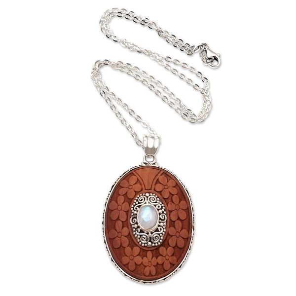 Alternate image for Rainbow Moonstone Pendant Necklace with Floral Motif Portrait of a Lady