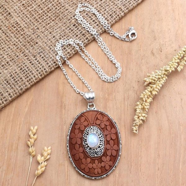 Alternate image for Rainbow Moonstone Pendant Necklace with Floral Motif Portrait of a Lady