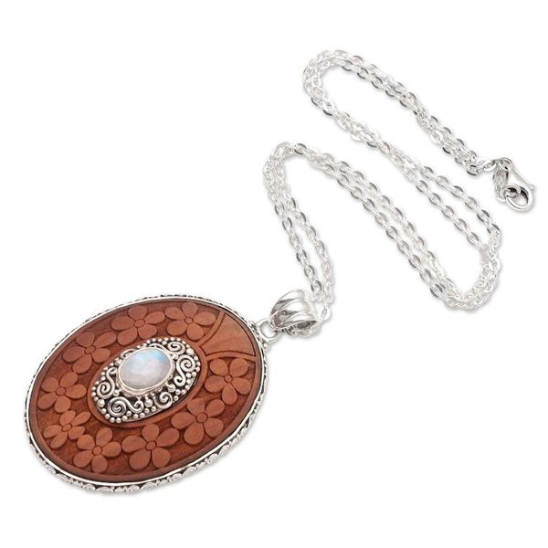Alternate image for Rainbow Moonstone Pendant Necklace with Floral Motif Portrait of a Lady