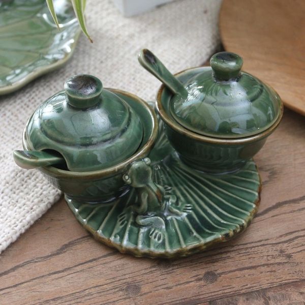 Alternate image for Hand Made Ceramic Condiment Set with Frog Motif 5 Pcs Frog and Leaf