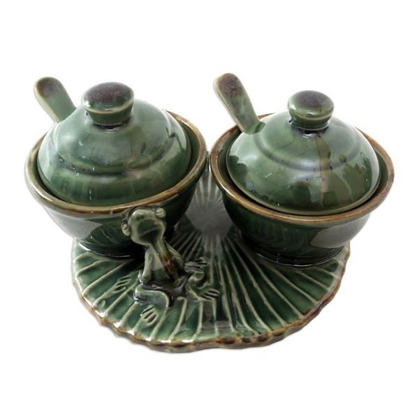 Alternate image for Hand Made Ceramic Condiment Set with Frog Motif 5 Pcs Frog and Leaf