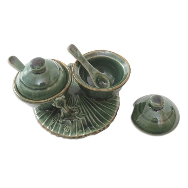 Alternate image for Hand Made Ceramic Condiment Set with Frog Motif 5 Pcs Frog and Leaf