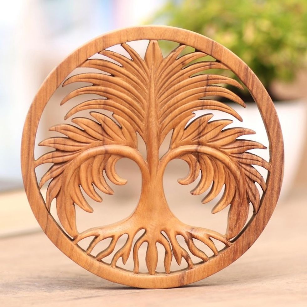 Handmade Suar Wood Palm Tree Relief Panel 'Palm Garden'