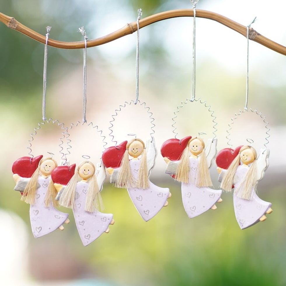Albesia Wood Angel-Themed Holiday Ornaments Set of 5 'Love Delivery in Lilac'