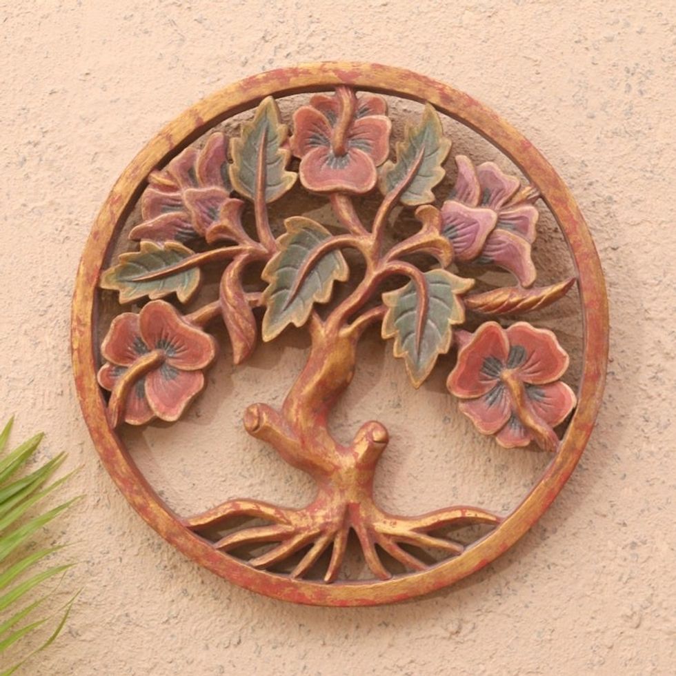 Hand Carved Suar Wood Tree-Motif Relief Panel 'Hibiscus Garden'