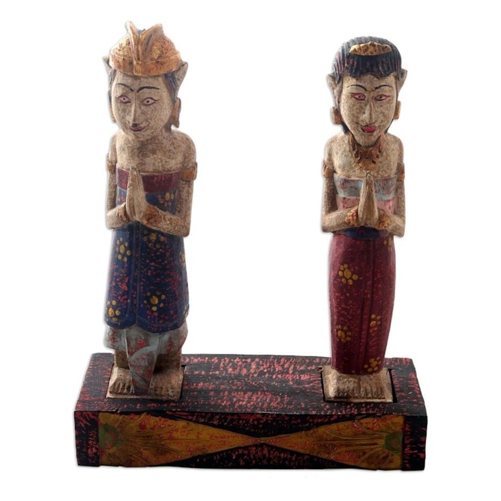 Hand Carved Wood Wedding Ceremony Statuette 'Balinese Pagar Ayu'